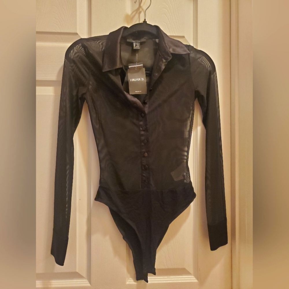 NWT Forever 21 black mesh long-sleeved bodysuit